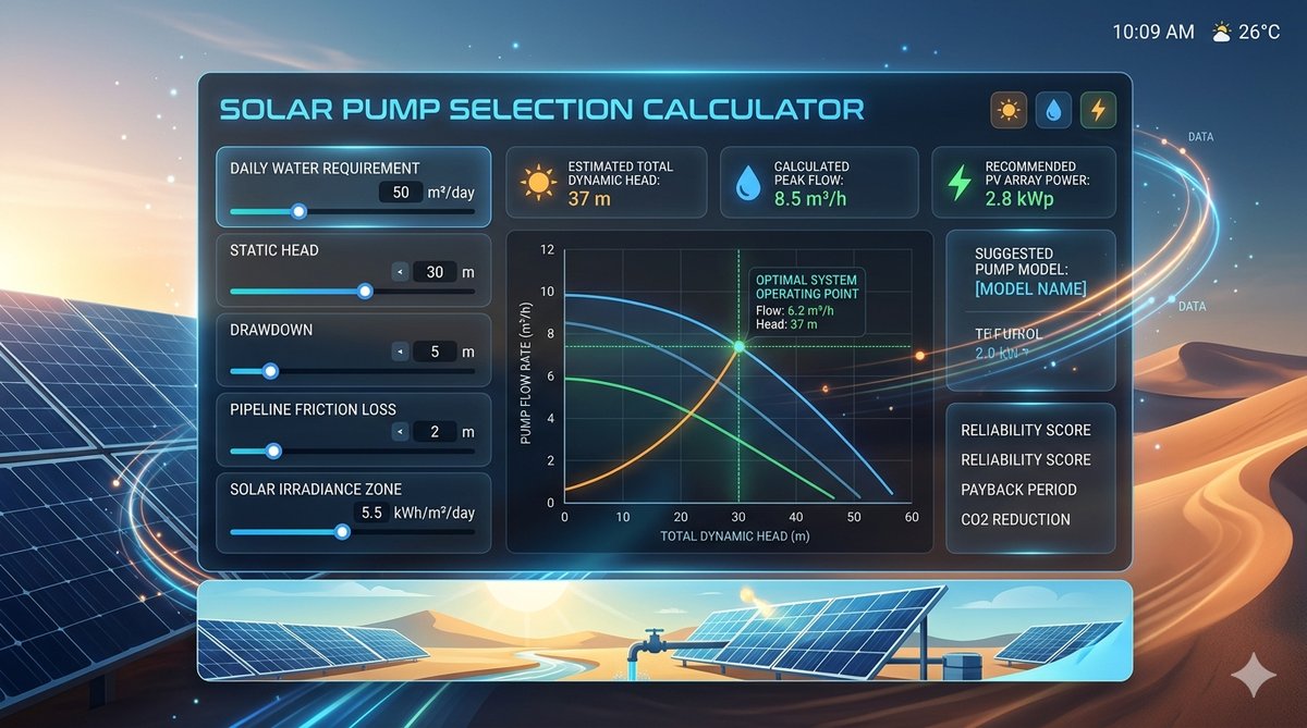 Solar pump sizing calculator interface showing input fields for location, well depth, and livestock count